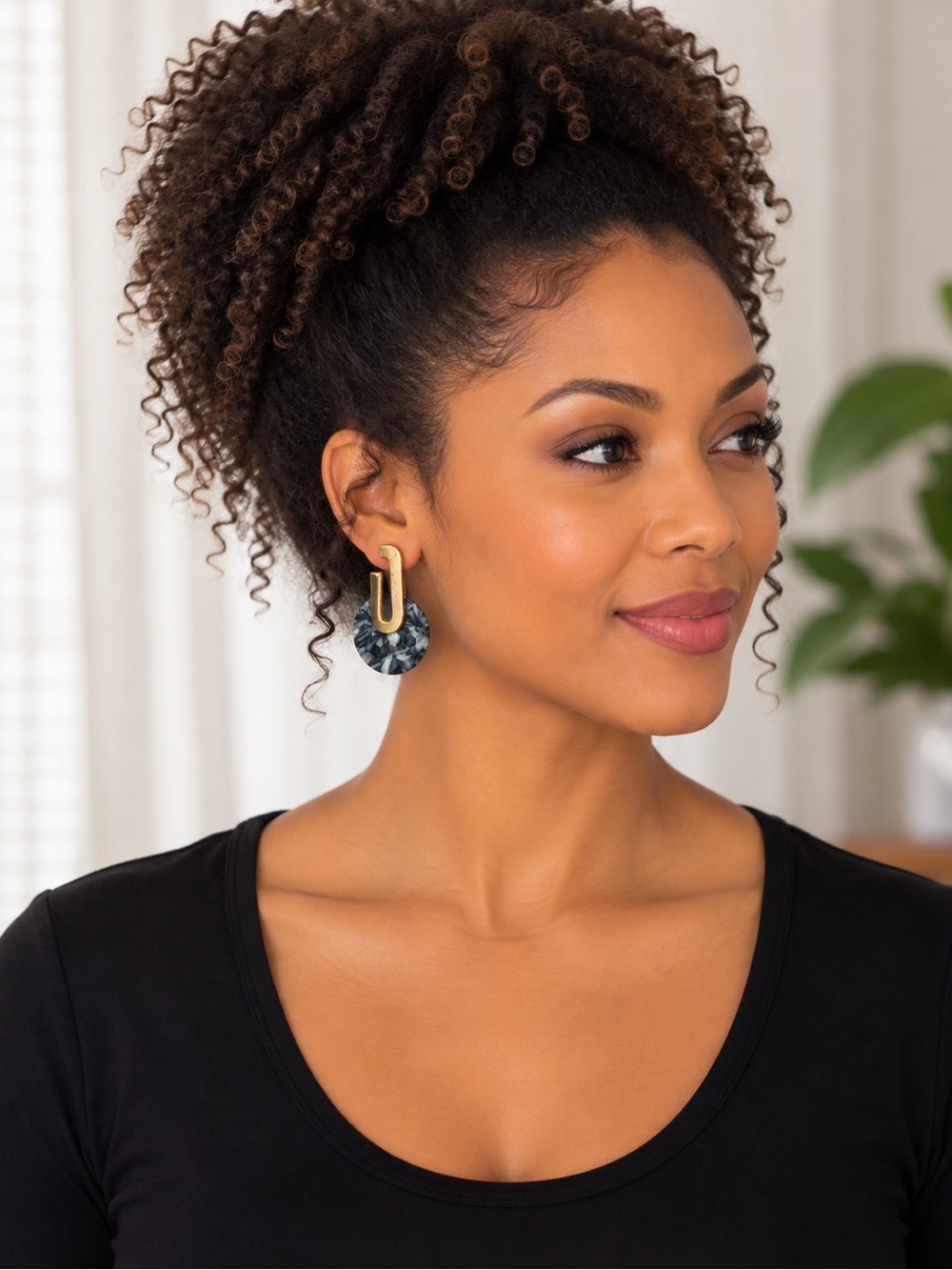 White House Black Market Gold Tone U Hoop Gray Blue Marbled Drop Earrings NWT